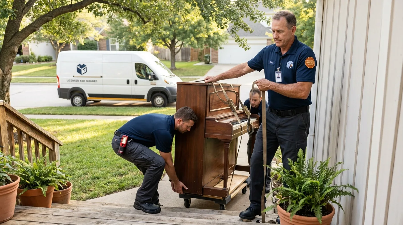 Licensed piano movers securing grand piano in Catonsville, MD