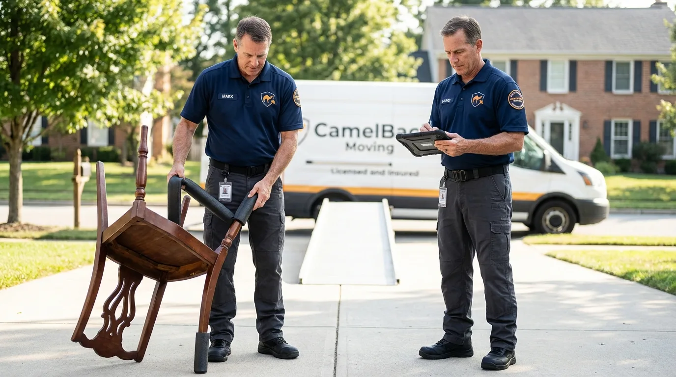 Movers inspecting furniture for damage prevention before loading in Catonsville, MD