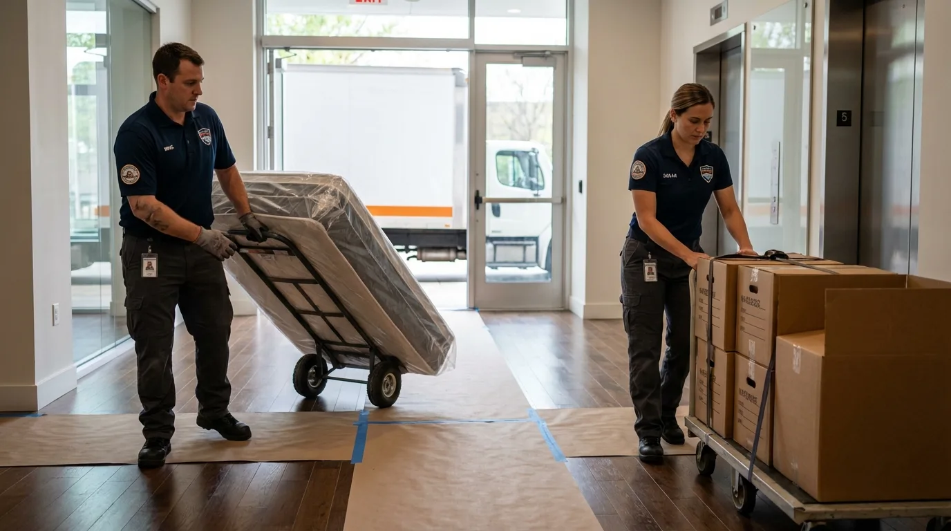 Professional apartment movers loading elevator in Catonsville, MD